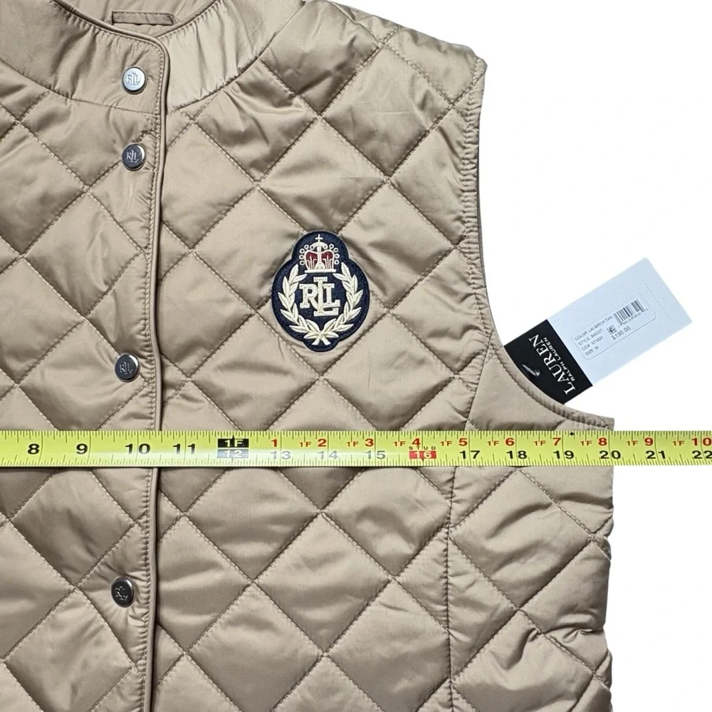 NWT Lauren Ralph Lauren Birch Tan Crest-Patch Quilted Vest Size M Lightweight